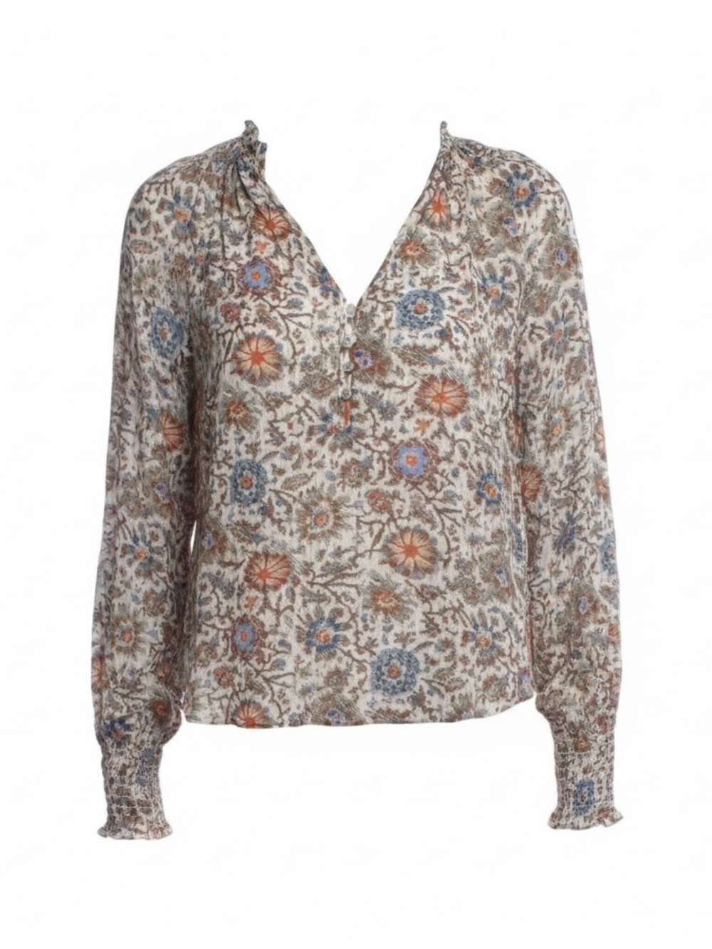 Veronica Beard Floral Split V-Neck Blouse in Cream, Blue, and Rust